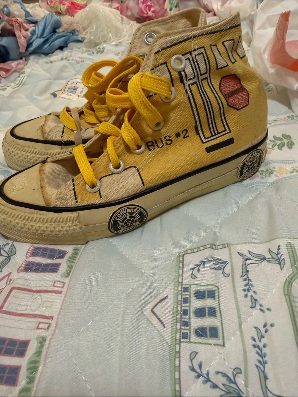 VTG Converse Yellow Kids High-Top Sneakers with Bus Graphic